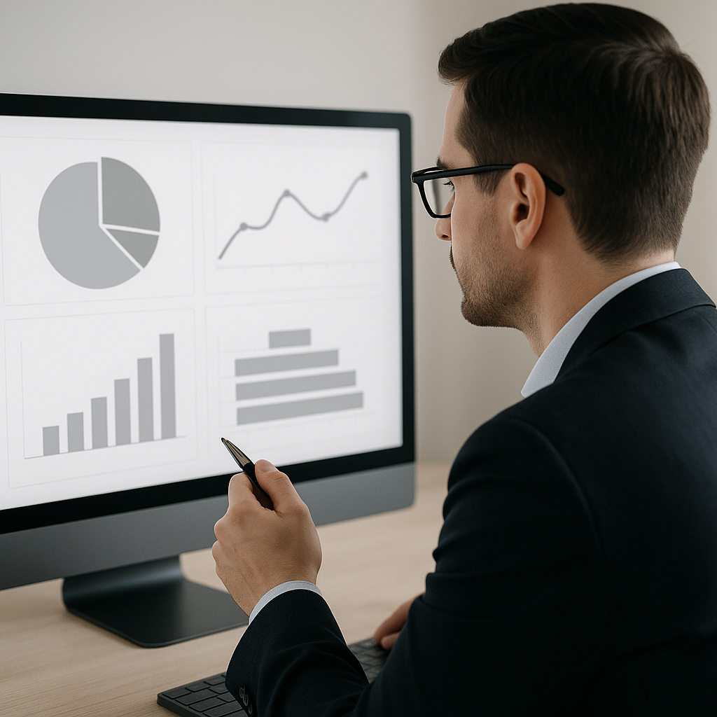 Professional legal marketer analyzing AI-powered dashboard with clean, minimalist data visualization showing law firm marketing metrics
